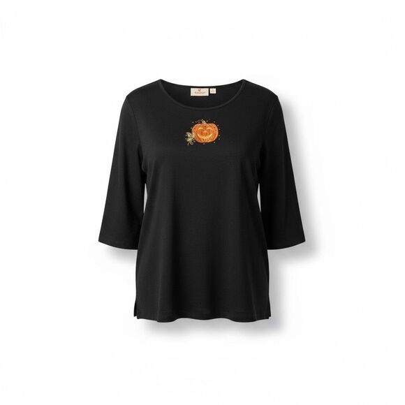 Quacker Factory Halloween Tunic Tee Women’s 2X Black Embroidered Sequin Pumpkin - Picture 1 of 9